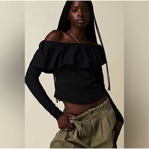 Free people everything always black long sleeve ruffle top black size large new